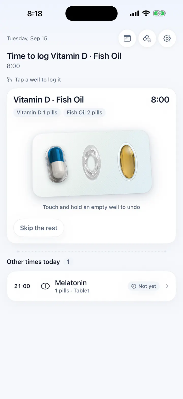 Today tray: tap a pill to log this dose